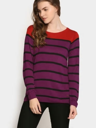 Women Purple & Black Striped Regular Fit Sweater - Bhalei